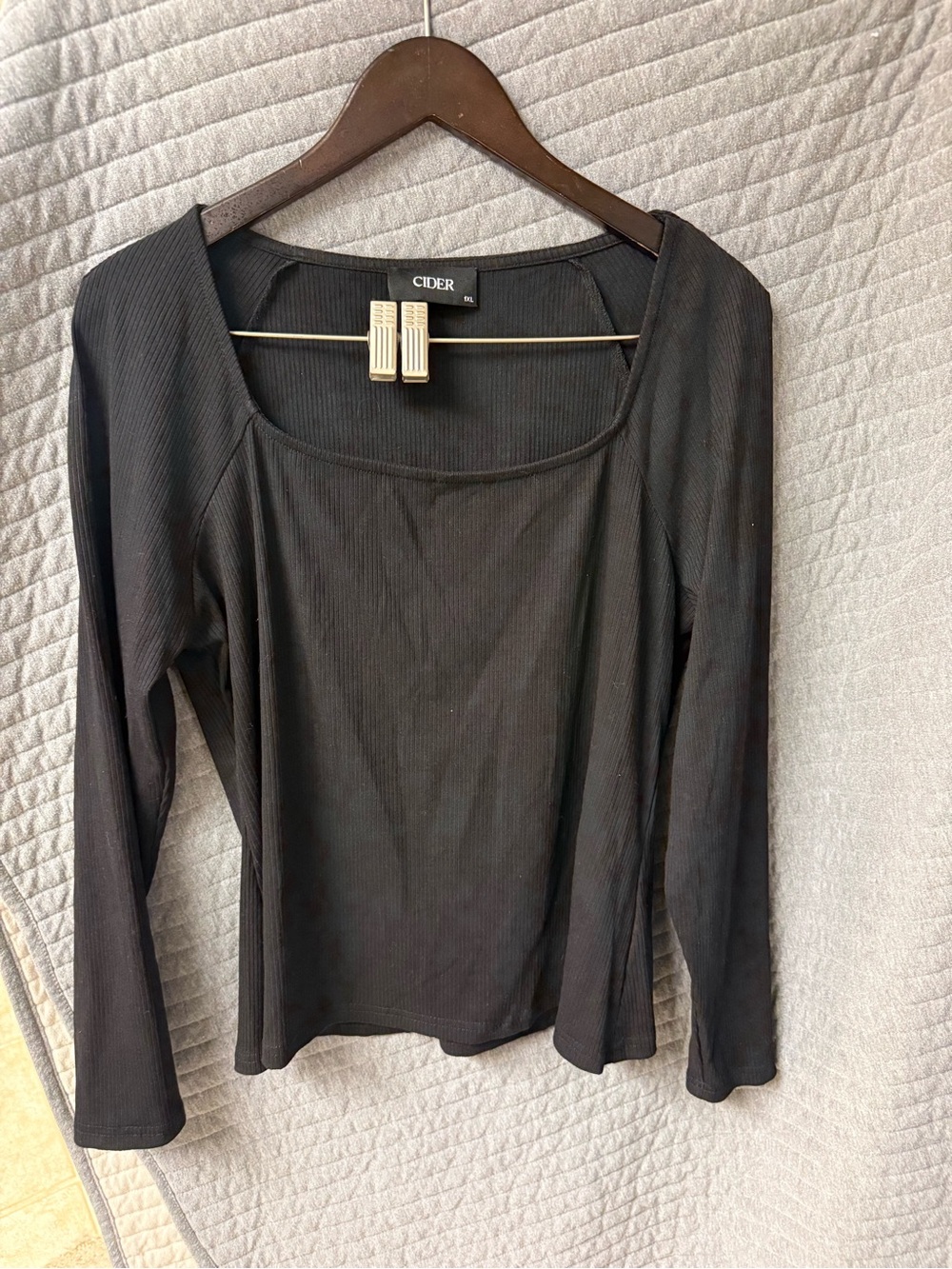 Cider Black Ribbed Square-Neck Long Sleeve Top